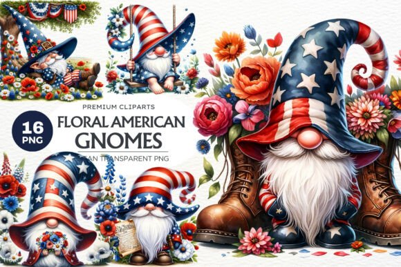16 Floral Patriotic Gnome Clipart Bundle: A Creative Toolkit for American Spirit