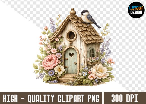 Cottage Birdhouse Floral Illustration Clipart