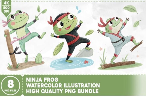 Ninja Frog Watercolor Bundle: Creative Assets