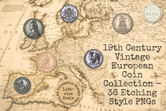 Reviving Historical Aesthetics: The Strategic Value of 36 Vintage European Coins - Etching PNG