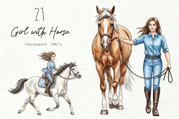 Watercolor Girl with Horse Clipart Collection