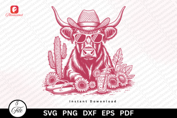 Western Cowgirl Summer Highland Cow SVG